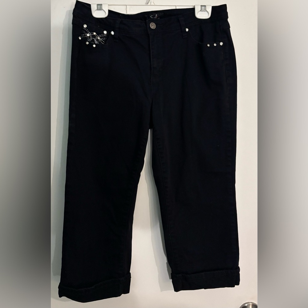 Earl Womens Bedazzled‎ Black Capri Pants Sz 14 Cotton Stretch Midrise 5 pocket